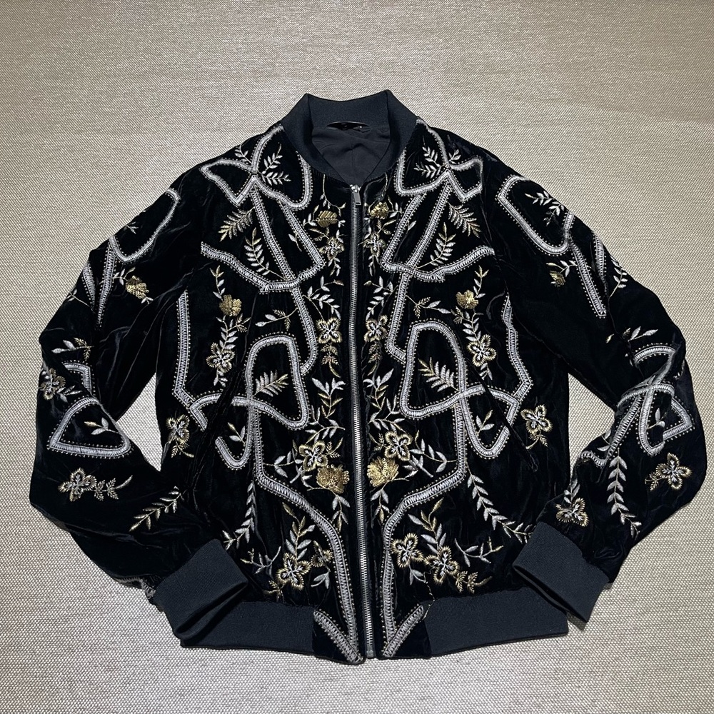 Mens Zara embroidered velvet bomber jacket - size M
